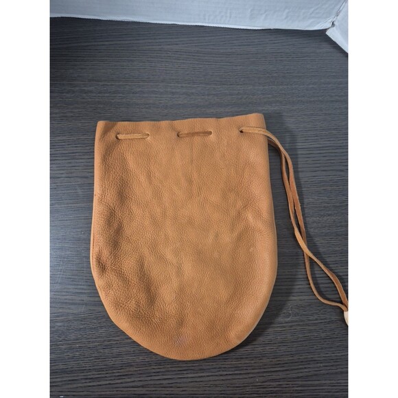 Vintage Genuine Leather Drawstring Pouch Camel Tan Color With Wooden Bead Accent - Picture 2 of 16